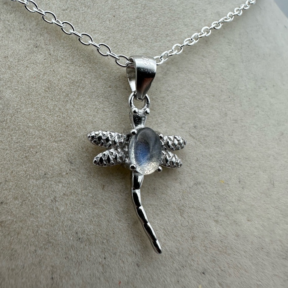 Silver Moonstone Dragonfly Pendant Necklace on Silver Plated Box Chain - Picture 11 of 12